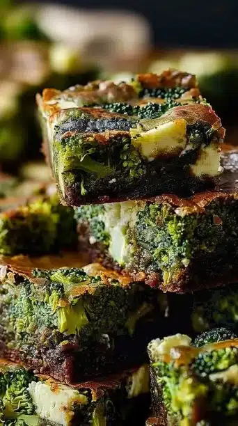 Delicious broccoli and feta brownies ready to be served on a plate.