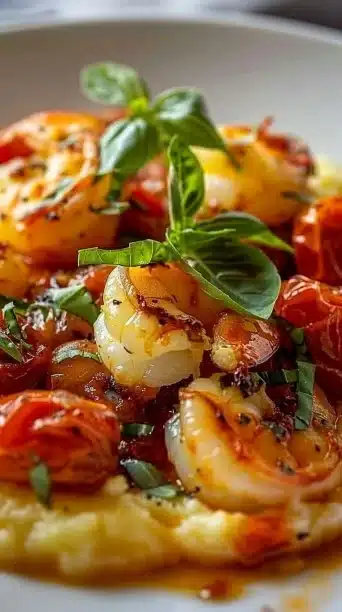 Bruschetta Shrimp Polenta Casserole topped with fresh herbs and tomatoes.