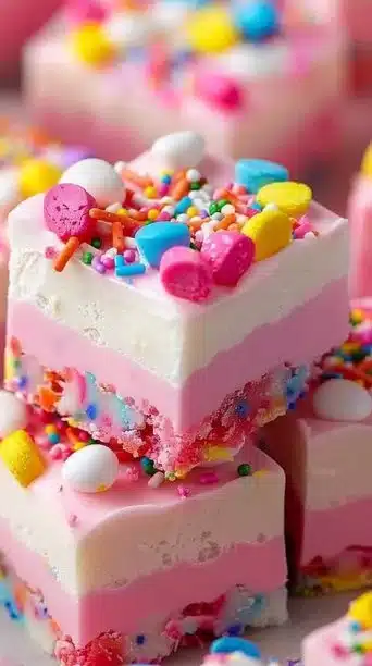 Colorful Bubblegum Cloud Fudge squares on a plate