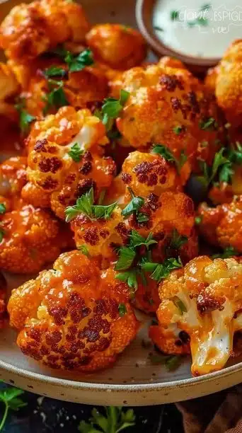 Deliciously crispy Buffalo Cauliflower Wings served with dipping sauce.
