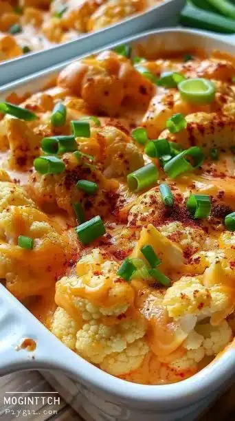 Delicious Buffalo Chicken Cauliflower Casserole served in a baking dish