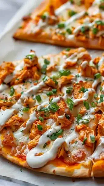 Buffalo Chicken Pizza flatbread topped with spicy chicken and cheese