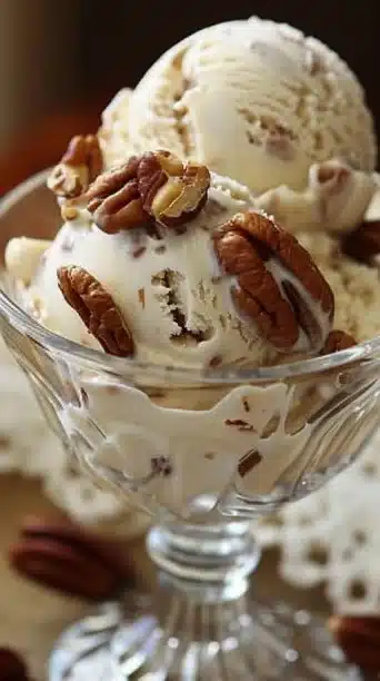 Delicious buttery pecan ice cream in a bowl, topped with nuts.