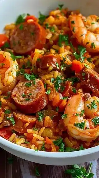Delicious Cajun Jambalaya dish with rice, shrimp, and sausage