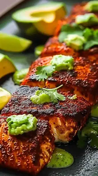 Delicious Cajun salmon served with avocado and lime for a healthy meal