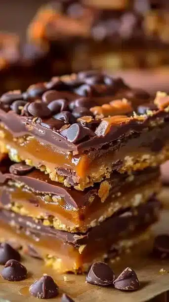 Delicious Cake Mix Toffee Bars topped with chocolate and nuts