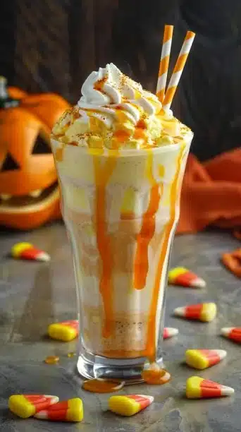 Delicious Candy Corn Milkshake topped with whipped cream and candy corn