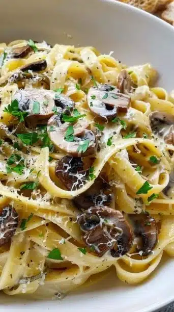 Caramelized leek and mushroom Gruyere pasta served elegantly in a bowl.