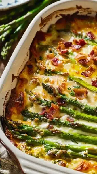 Cheesy Asparagus Casserole Keto Recipe served in a baking dish