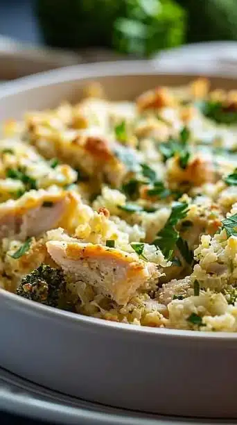 Cheesy chicken riced cauliflower casserole served in a baking dish