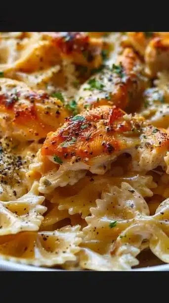 Cheesy garlic butter chicken bowties served in mozzarella cream sauce