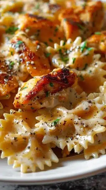 Cheesy Garlic Butter Chicken Bowties with Mozzarella Cream Sauce