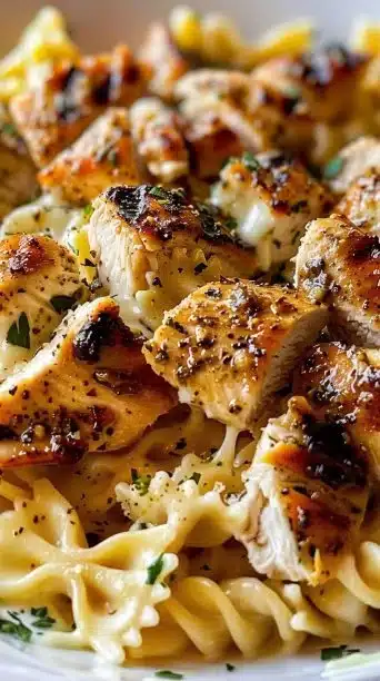 Cheesy Garlic Butter Chicken Bowties served with creamy mozzarella sauce