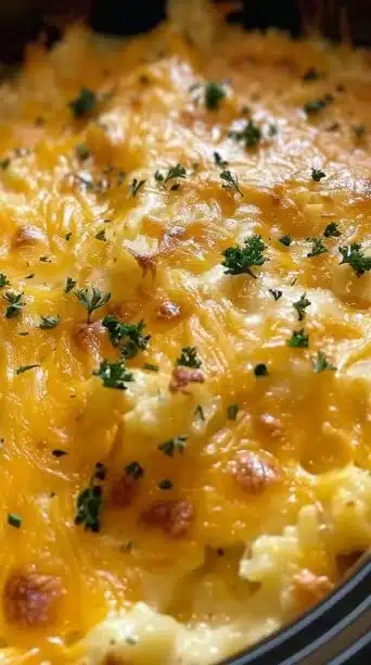 Cheesy hashbrown casserole with creamy cheese and crispy texture