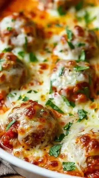 Cheesy Keto Meatball Casserole with melty cheese and savory meatballs