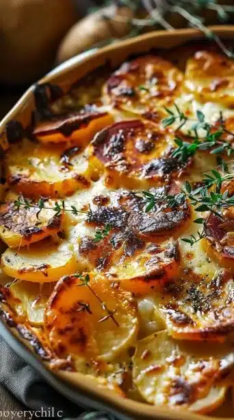Cheesy root veggie gratin featuring layers of delicious vegetables and cheese