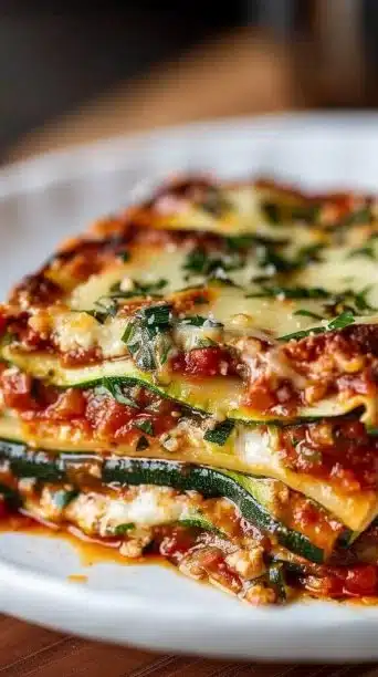 Cheesy zucchini lasagna with layers of cheese and zucchini on a plate