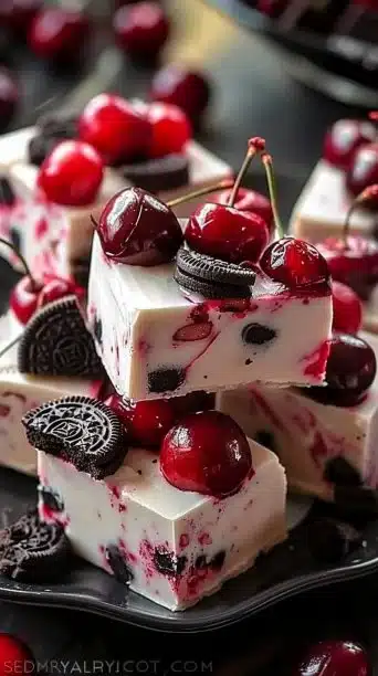 Delicious Cherry Oreo Fudge dessert with chocolate and cherry toppings