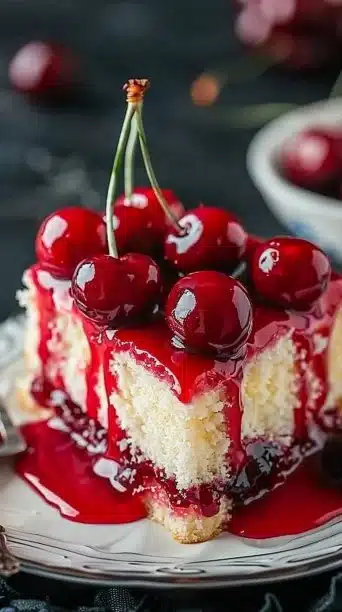 Cherry Vanilla Vampire Poke Cake with vibrant colors and spooky decorations