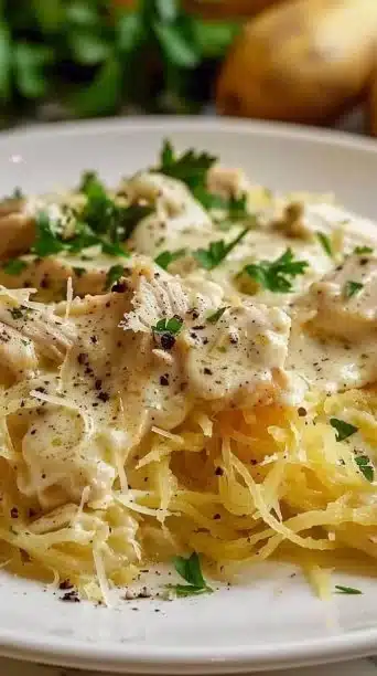 Creamy Chicken Alfredo served with spaghetti squash for a healthy dinner option.