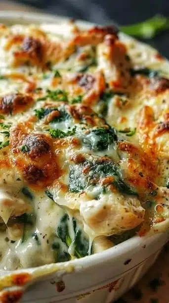 Delicious chicken and spinach casserole with cream cheese on a plate
