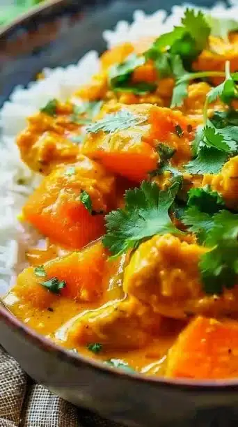 Chicken and Sweet Potato Curry served in a bowl with fresh herbs on top.