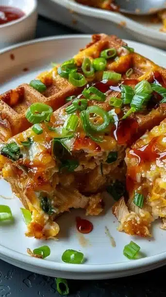 Delicious Chicken And Waffles Casserole served on a plate