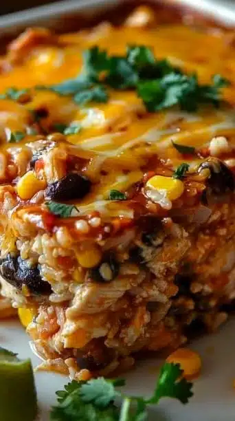 Delicious Chicken Burrito Casserole topped with cheese and fresh ingredients