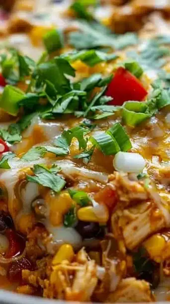 Delicious chicken burrito casserole baked with cheese and toppings