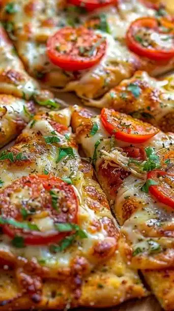 Delicious chicken crust pizza topped with fresh ingredients and cheese