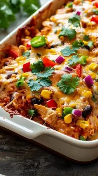 Delicious Chicken Enchilada Rice Casserole topped with cheese and herbs