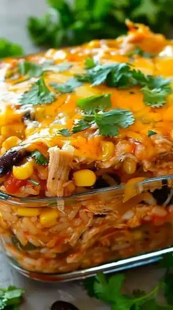 Baked Chicken Enchilada Rice Casserole topped with cheese and cilantro