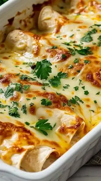 Plate of cheesy chicken enchiladas garnished with fresh cilantro