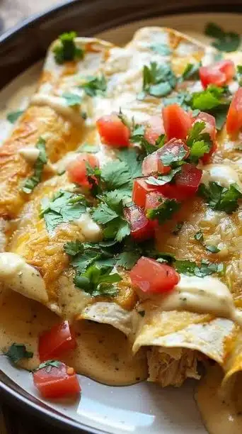 Delicious Chicken Enchiladas topped with Sour Cream White Sauce, a Tex-Mex comfort dish.