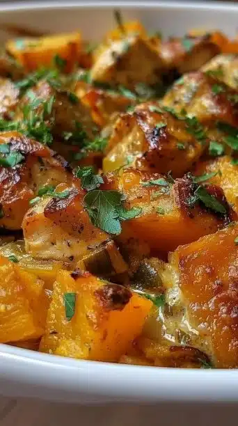 Chicken Leek and Butternut Squash Bake in a ceramic dish