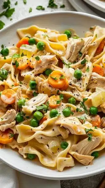 Delicious Chicken Pot Pie Noodle Skillet served in a rustic dish