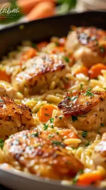 Delicious Chicken Pot Pie Orzo with vegetables and creamy sauce, a twist on the classic recipe.