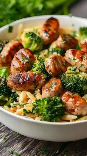 A bowl of Chicken Sausage Orzo, garnished with herbs and colorful vegetables