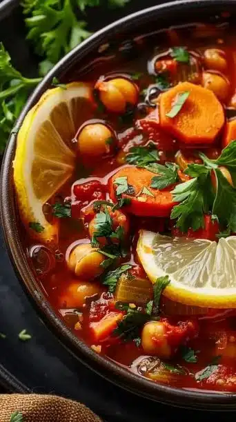 Bowl of delicious chickpea stew with vegetables and spices