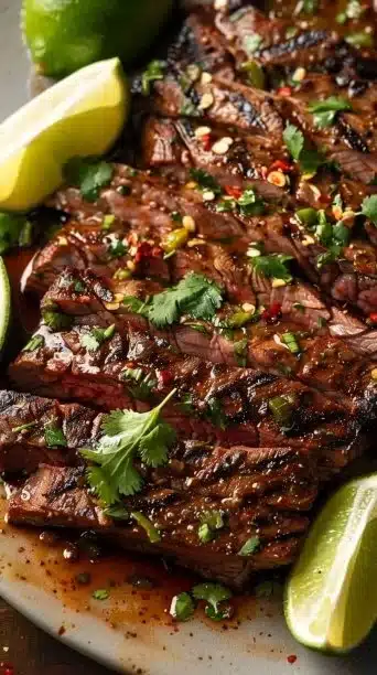 Delicious chili lime flank steak on a grill, garnished with lime and spices.