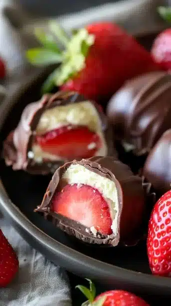 Chocolate-covered strawberry cheesecake bites on a decorative plate