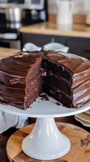 Delicious homemade chocolate fudge cake with rich chocolate frosting
