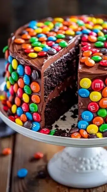 Chocolate M&M Celebration Cake topped with colorful candies and frosting