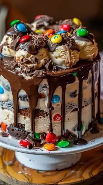 Chocolate M&M’s and Cookie Dough Ice Cream Cake with colorful toppings