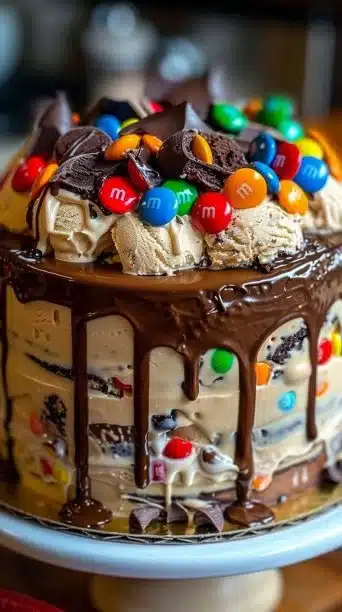 Chocolate M&M’s and Cookie Dough Ice Cream Cake