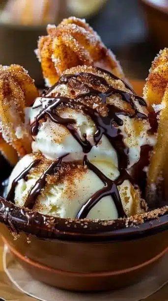 Churro ice cream bowl topped with whipped cream and cinnamon sprinkles