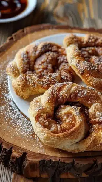 Delicious cinnamon sugar crescent roll pizza topped with sweet icing and sprinkles.