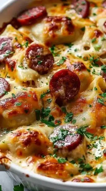 Classic Crockpot Pierogi Casserole with Kielbasa served in a bowl