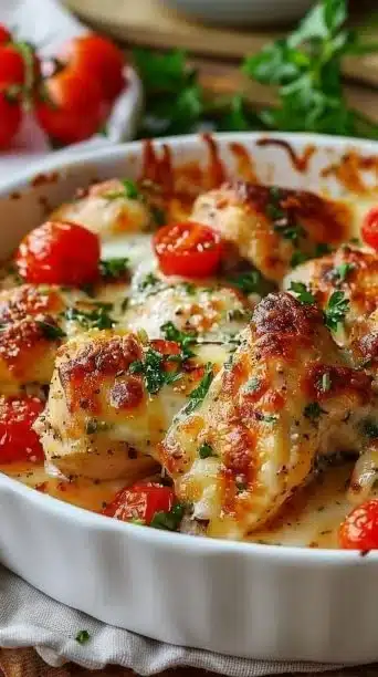 Healthy bruschetta chicken casserole served in a casserole dish