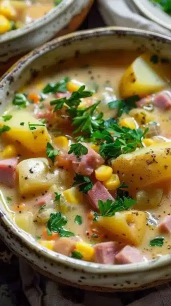 Bowl of creamy Corn and Ham Chowder topped with fresh herbs